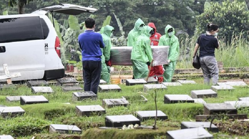 Petugas dengan APD melakukan pemakaman dengan protokol kesehatan Covid-19. (cnnindonesia.com)