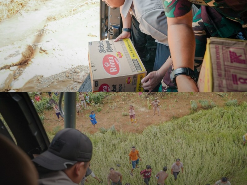 Aksi Gubernur Sumatera Utara Bobby Nasution melempar bantuan dari helikopter.