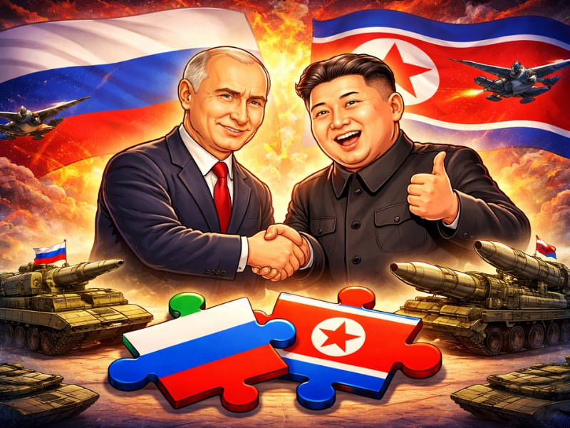 Ilustrasi kerjasama Presiden Rusia Vladimir Putin dan Presiden Korea Utara Kim Jong Un.